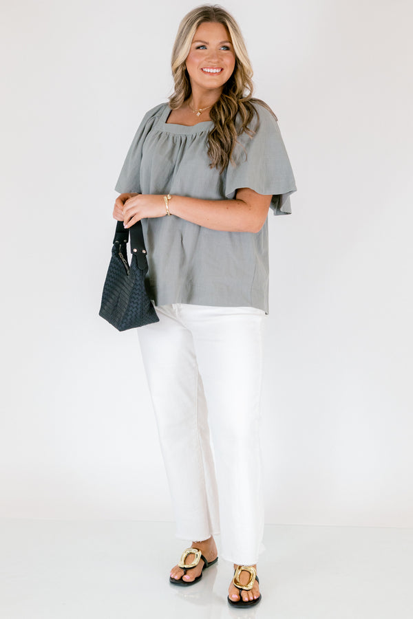 Chic Soul plus size clothing, sage baby doll top with a square neckline and short bell sleeves 