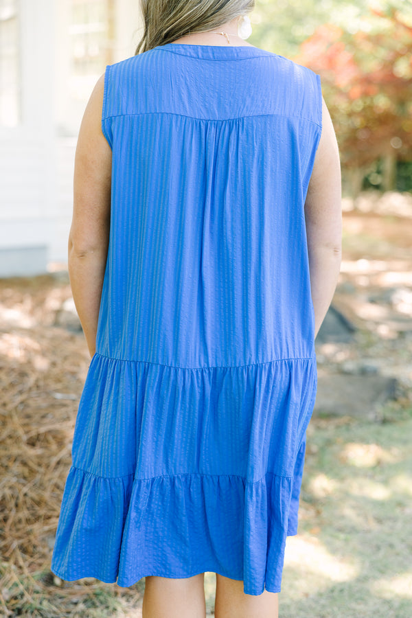 Chic Soul plus size clothing, cobalt blue sleeveless tiered baby doll dress with a deep v neckline
