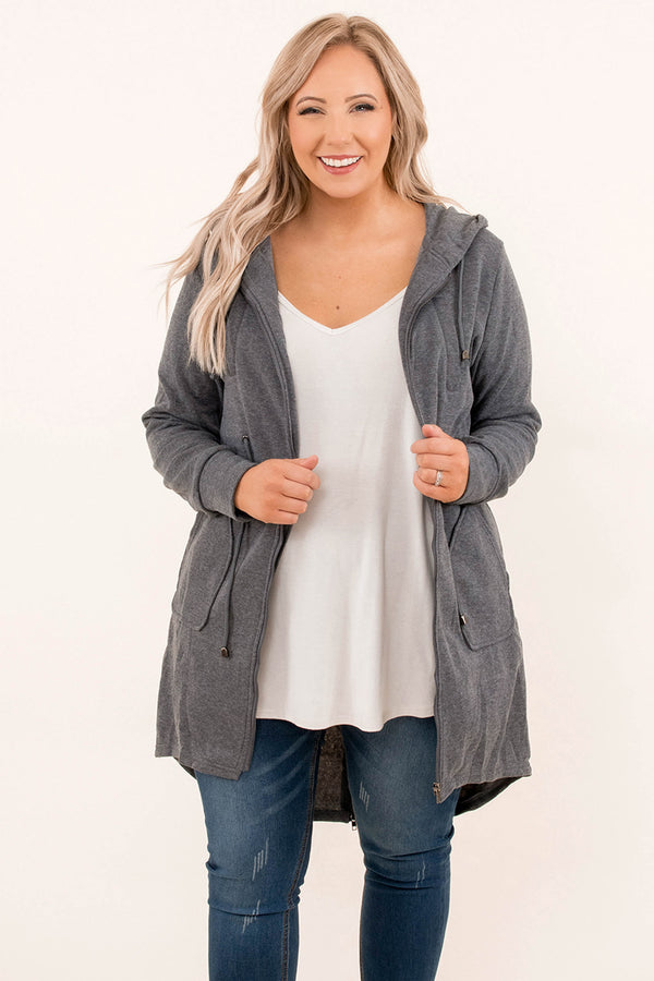Chic Soul plus size clothing, charcoal gray jacket with a hood and a low hi design