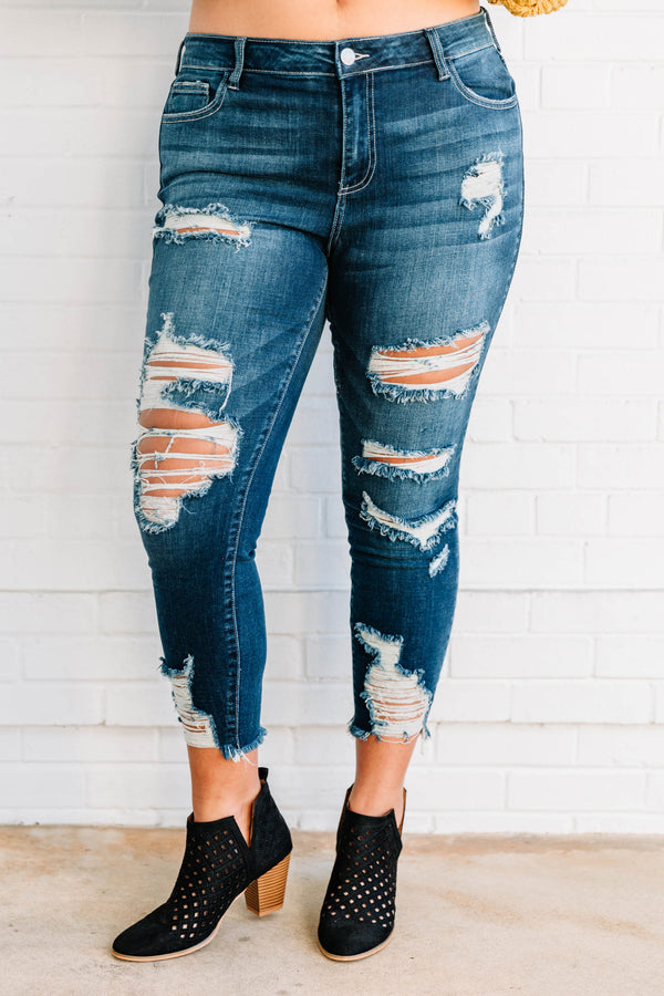 jeans, skinny, cropped, dark blue, faded, distressed, ripped, pockets, ripped hem