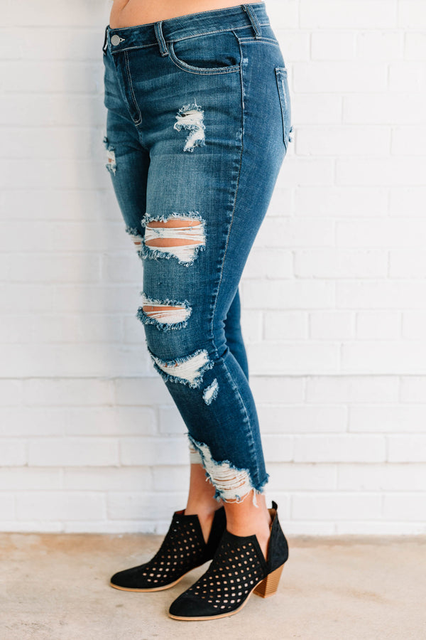 jeans, skinny, cropped, dark blue, faded, distressed, ripped, pockets, ripped hem
