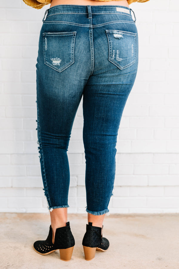 jeans, skinny, cropped, dark blue, faded, distressed, ripped, pockets, ripped hem