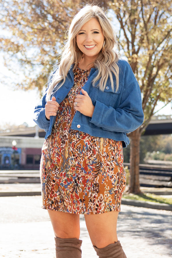 Chic Soul plus size clothing, bubble long sleeve dress in mustard with blue, black, and red floral pattern