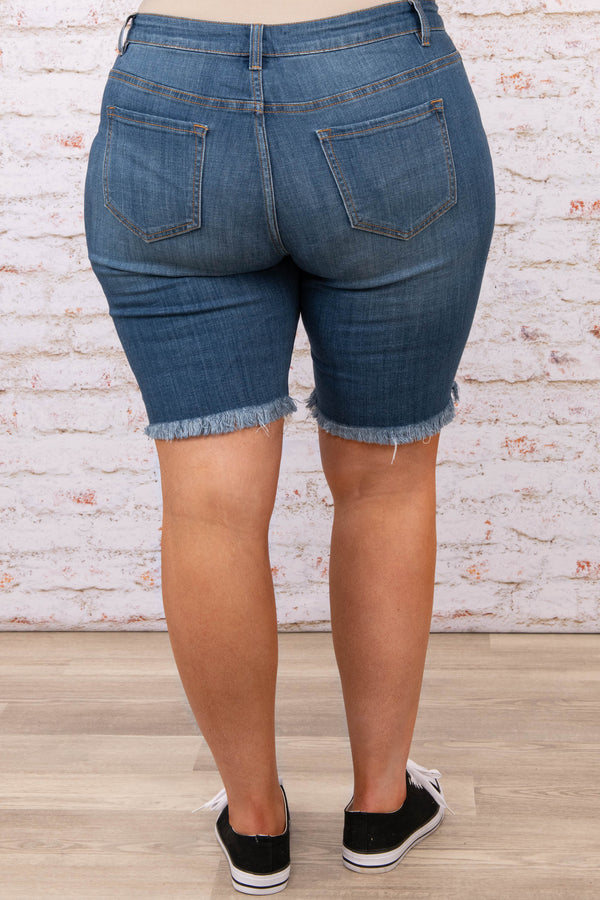 bottoms, shorts, rips, blue, distressed, bermuda, medium wash