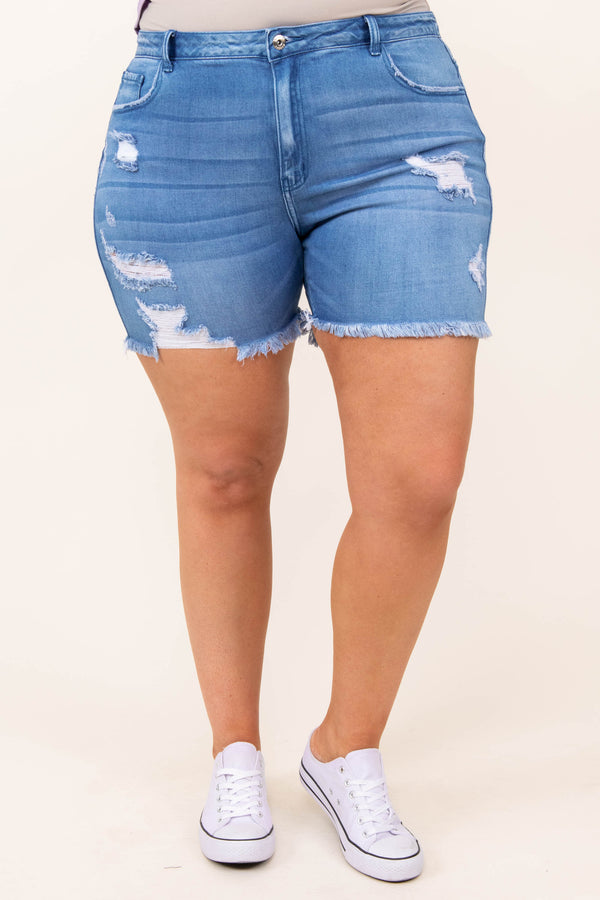 bottoms, shorts, denim, medium wash, distressed