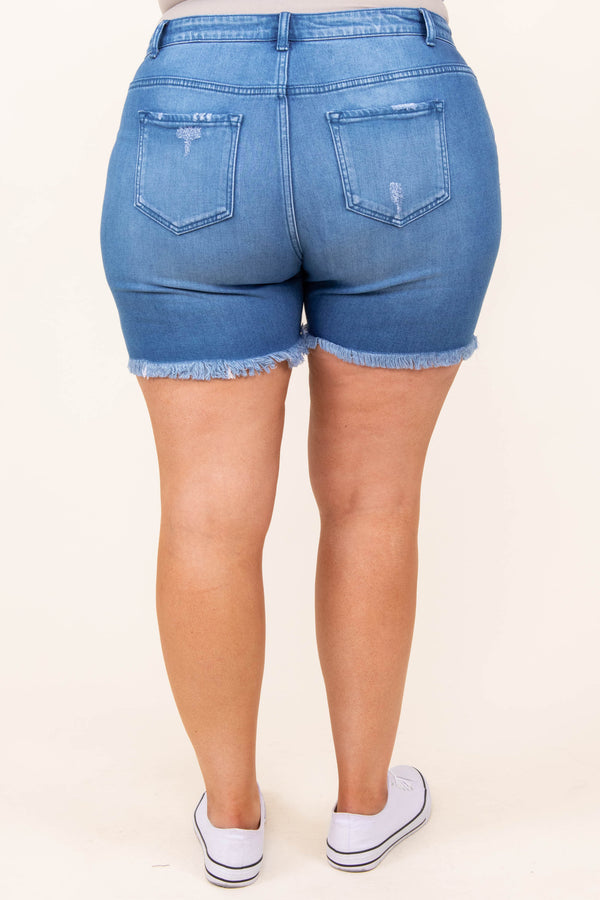 bottoms, shorts, denim, medium wash, distressed