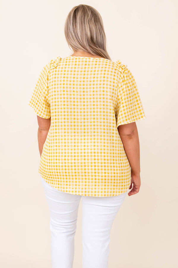 top, casual, babydoll, yellow, gingham, short sleeve