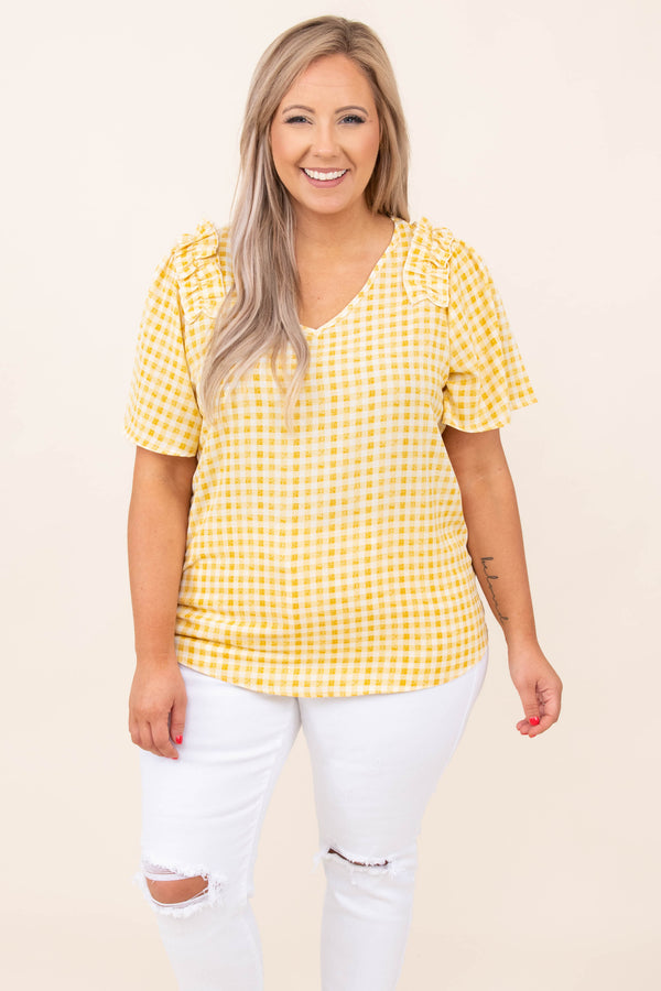 top, casual, babydoll, yellow, gingham, short sleeve