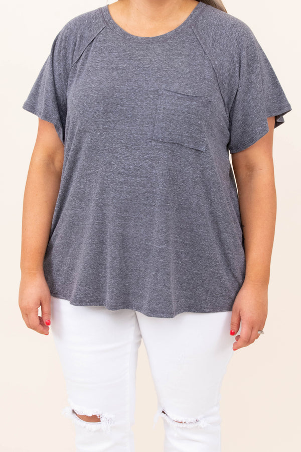top, basic, gray, charcoal, solid, short sleeve, pocket