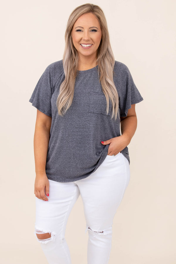 top, basic, gray, charcoal, solid, short sleeve, pocket