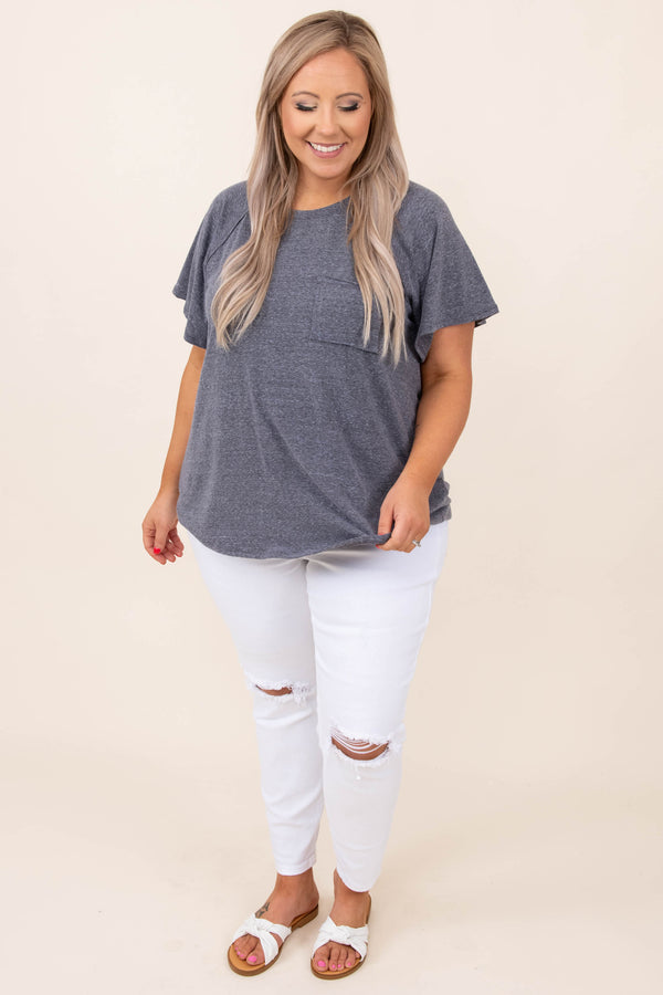 top, basic, gray, charcoal, solid, short sleeve, pocket