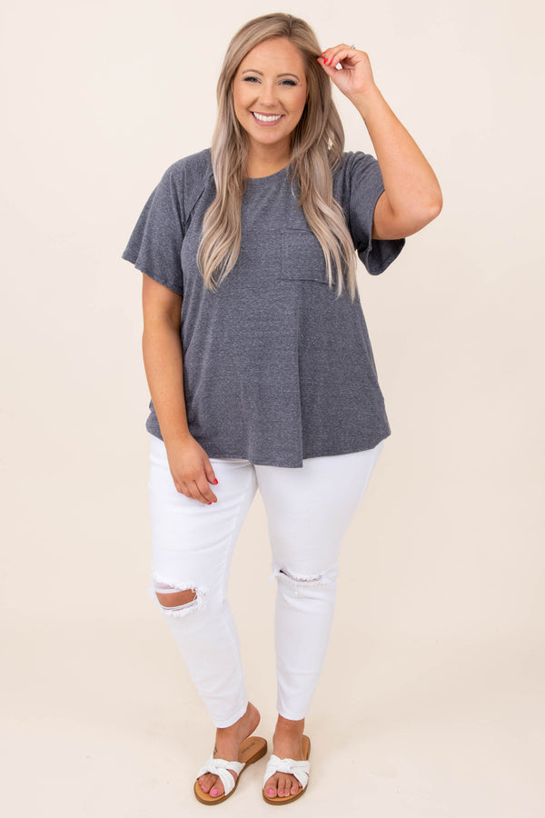 top, basic, gray, charcoal, solid, short sleeve, pocket