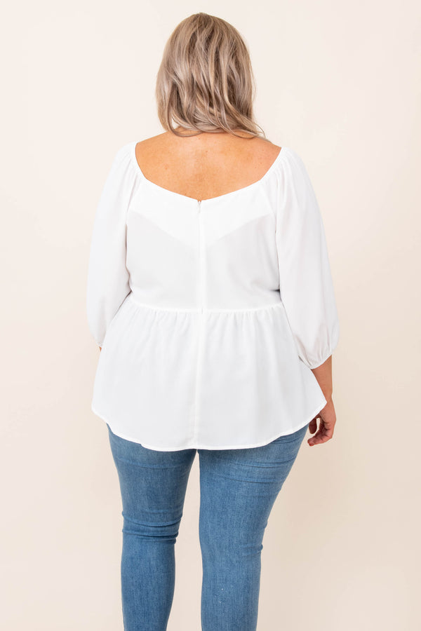 top, casual, babydoll, white, solid, bubble sleeve, ivory, flowy
