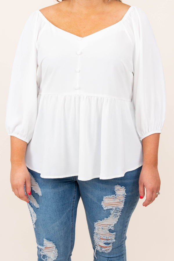 top, casual, babydoll, white, solid, bubble sleeve, ivory, flowy