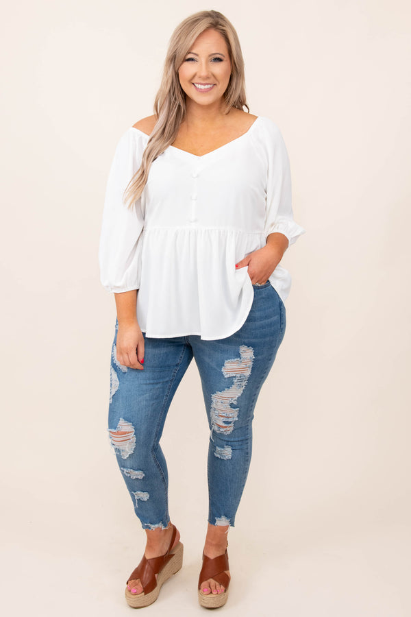 top, casual, babydoll, white, solid, bubble sleeve, ivory, flowy