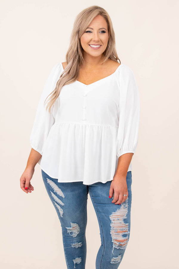 top, casual, babydoll, white, solid, bubble sleeve, ivory, flowy