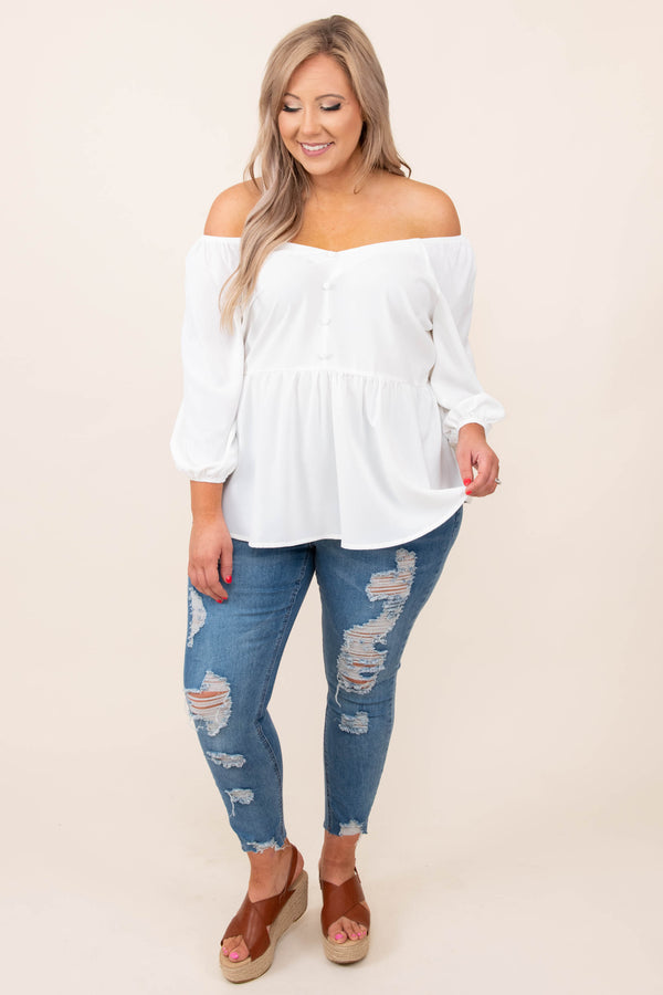 top, casual, babydoll, white, solid, bubble sleeve, ivory, flowy
