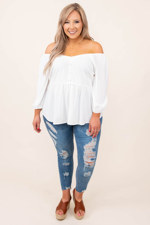 top, casual, babydoll, white, solid, bubble sleeve, ivory, flowy