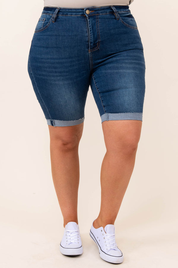 bottoms, shorts, blue, medium wash, solid, bermuda