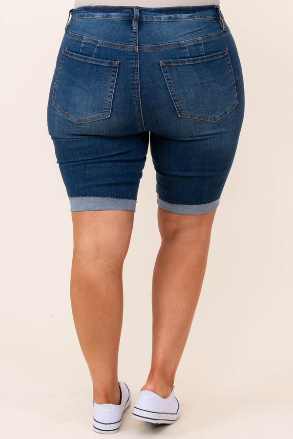 bottoms, shorts, blue, medium wash, solid, bermuda