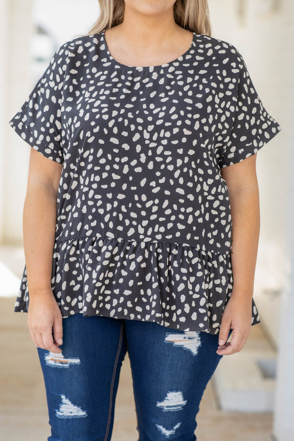 top, babydoll top, casual, gray, leopard, short sleeve, ruffle, titanium, cream, spots