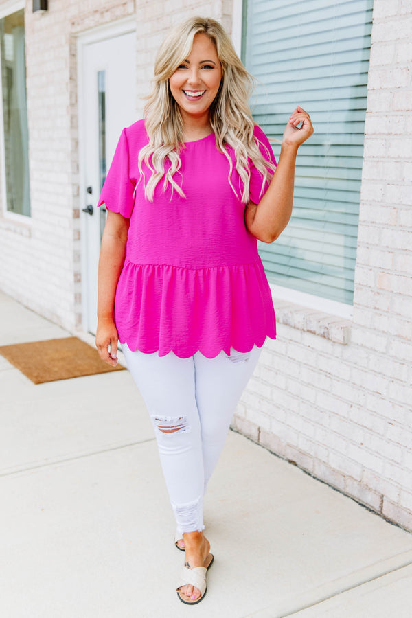 Plus Size hot pink babydoll top with scalloped hem, short sleeves, and round neckline.