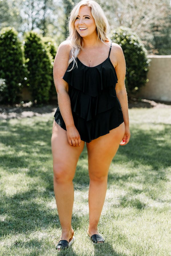 Chic Soul plus size clothing, black spaghetti strap ruffled one piece swimsuit