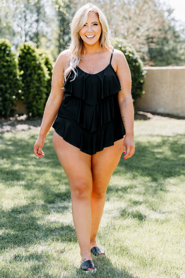 Chic Soul plus size clothing, black spaghetti strap ruffled one piece swimsuit