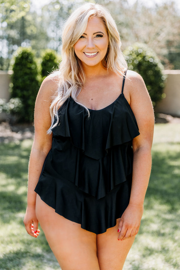 Chic Soul plus size clothing, black spaghetti strap ruffled one piece swimsuit