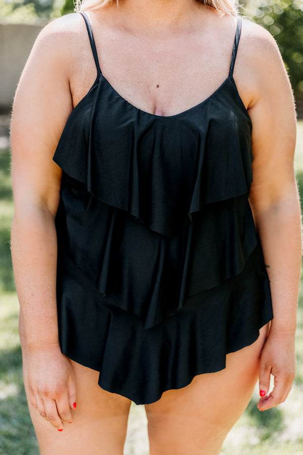 Chic Soul plus size clothing, black spaghetti strap ruffled one piece swimsuit