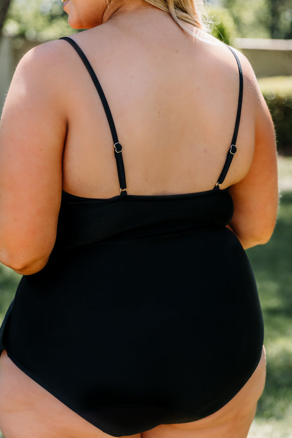 Chic Soul plus size clothing, black spaghetti strap ruffled one piece swimsuit