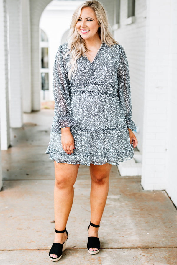 dress, long sleeve, baby doll, patterned, white, blue, ruffles, vneck