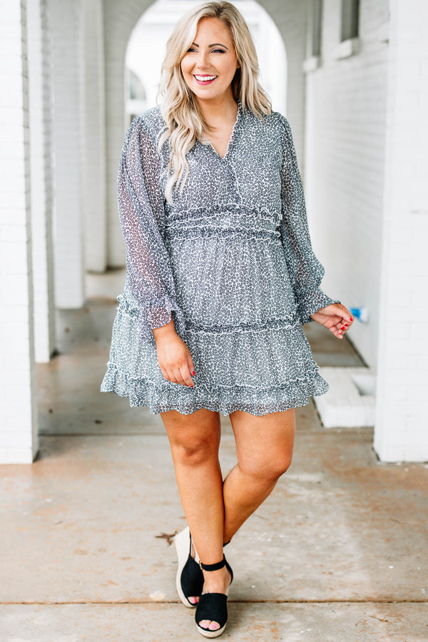 dress, long sleeve, baby doll, patterned, white, blue, ruffles, vneck