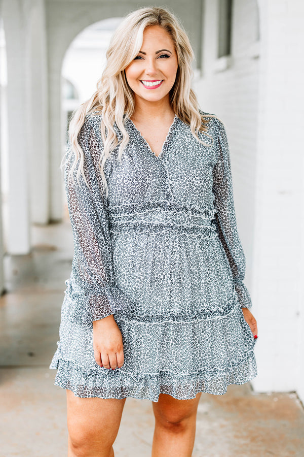 dress, long sleeve, baby doll, patterned, white, blue, ruffles, vneck