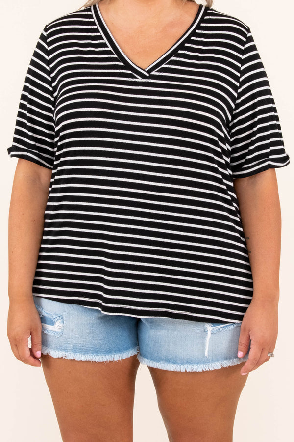 tops, casual top, black, white, stripes, v neck, short sleeve, comfy