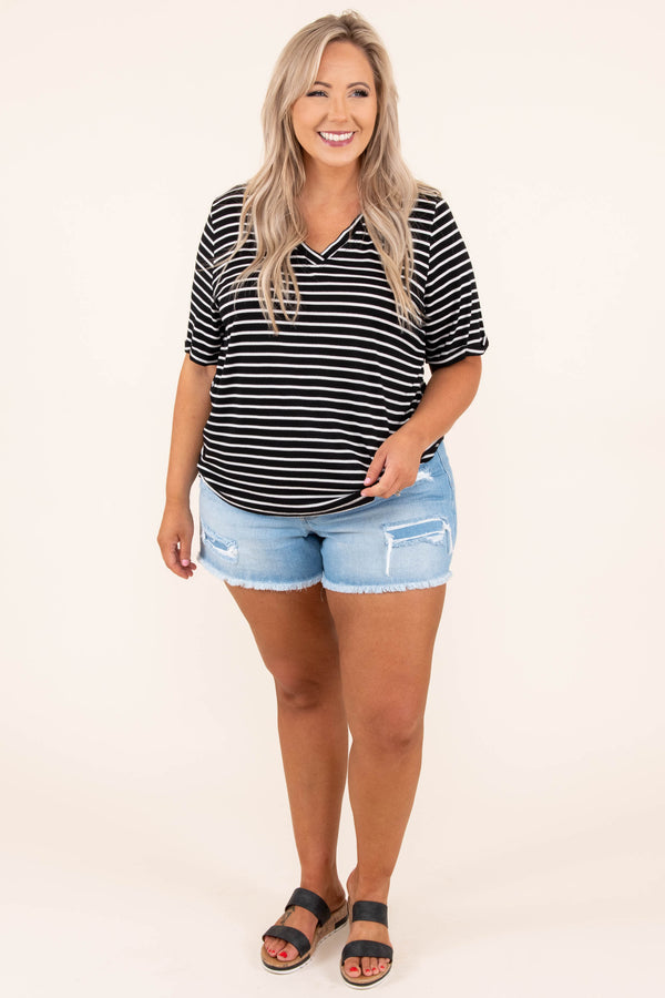 tops, casual top, black, white, stripes, v neck, short sleeve, comfy