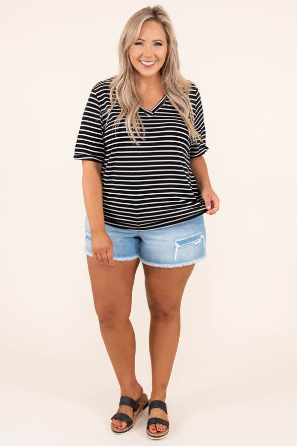 tops, casual top, black, white, stripes, v neck, short sleeve, comfy