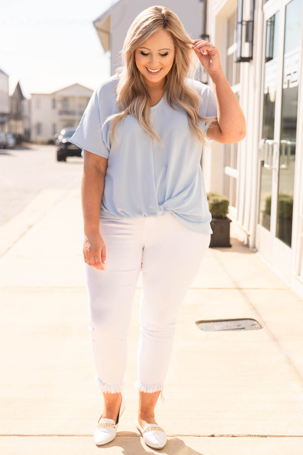 top, shirt, blouse, blue, solid, short sleeve, powder blue, knot