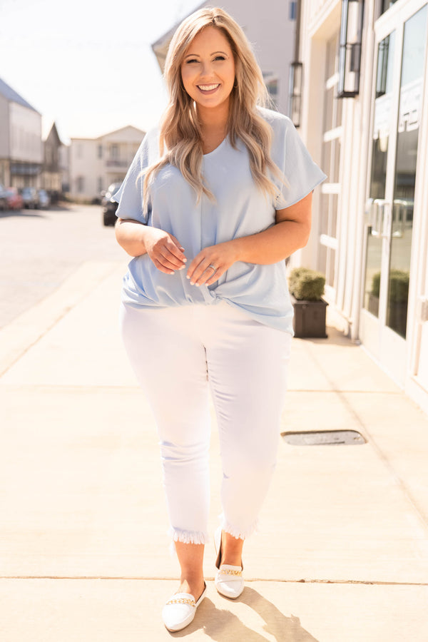 top, shirt, blouse, blue, solid, short sleeve, powder blue, knot