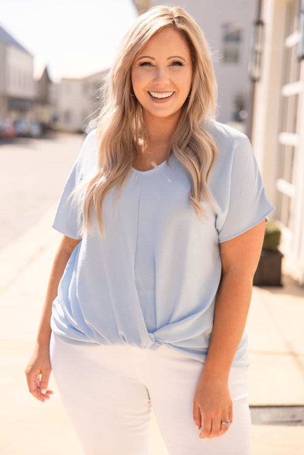 top, shirt, blouse, blue, solid, short sleeve, powder blue, knot
