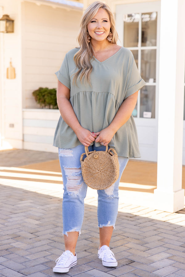 top, casual, babydoll, green, sage, solid, short sleeve