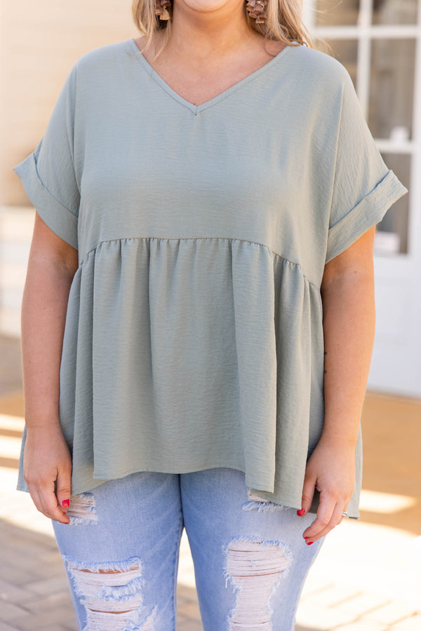 top, casual, babydoll, green, sage, solid, short sleeve