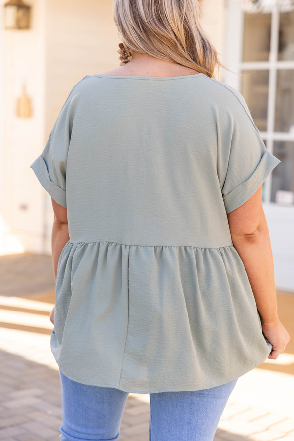 top, casual, babydoll, green, sage, solid, short sleeve