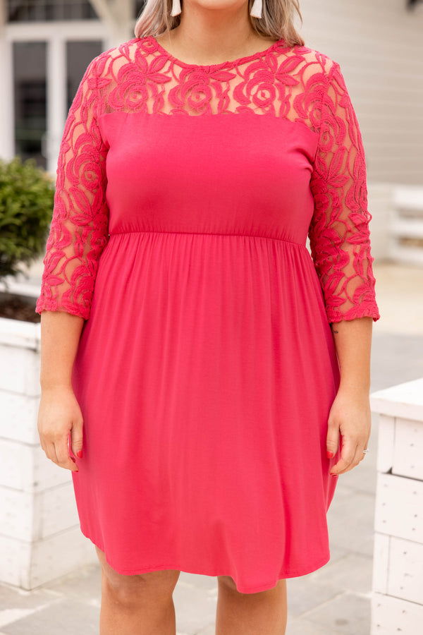 dress, casual, pink, lace, three quarter sleeve, coral