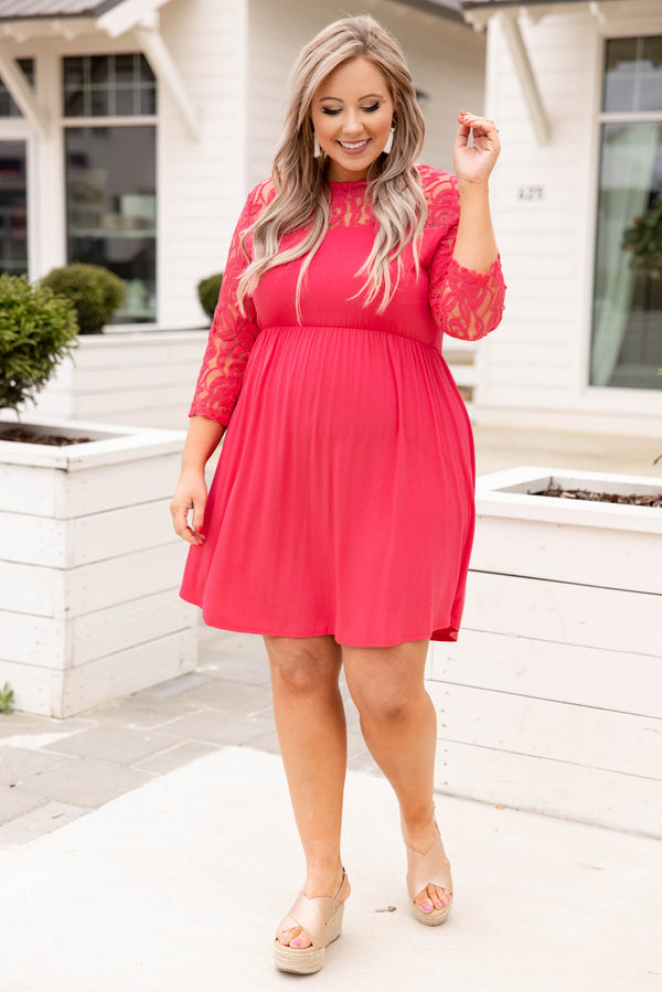 dress, casual, pink, lace, three quarter sleeve, coral