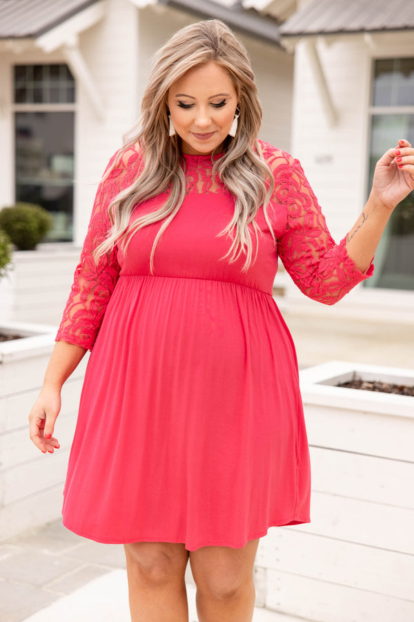 dress, casual, pink, lace, three quarter sleeve, coral