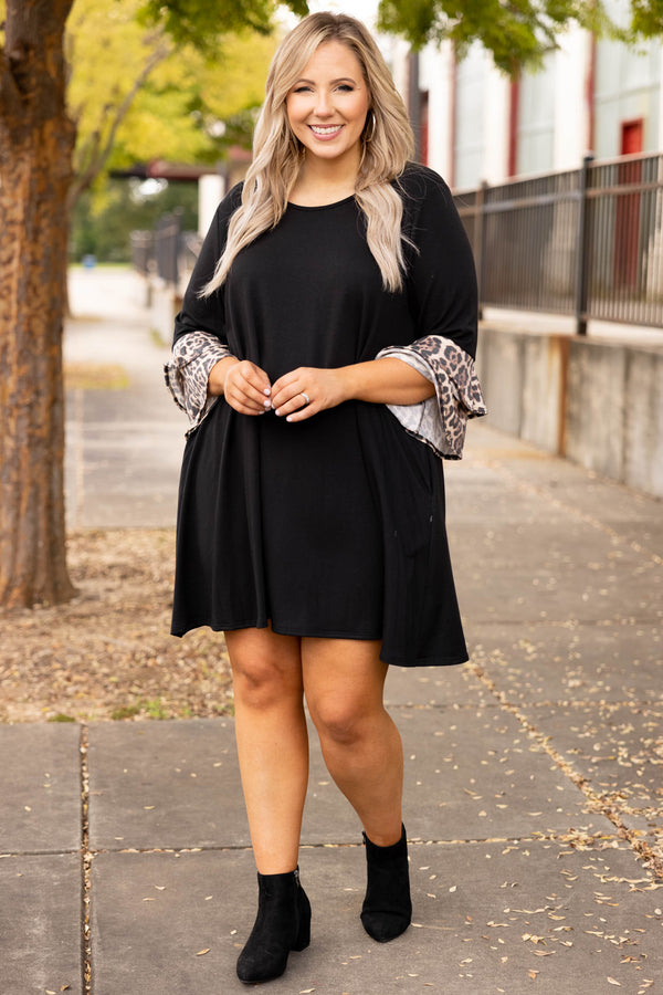 dresses, long sleeve, leopard, ruffle, casual, black
