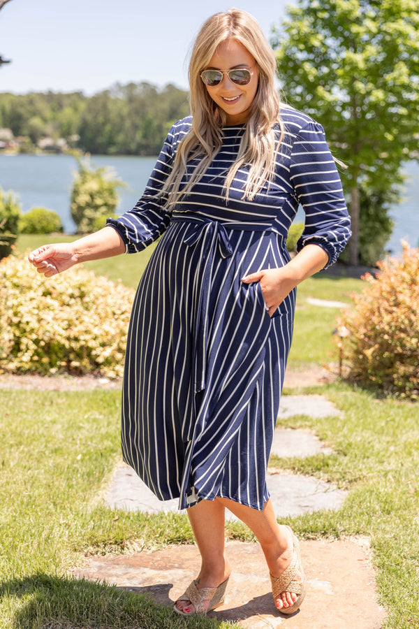 dresses, midi dress, navy, striped, three quarter sleeves