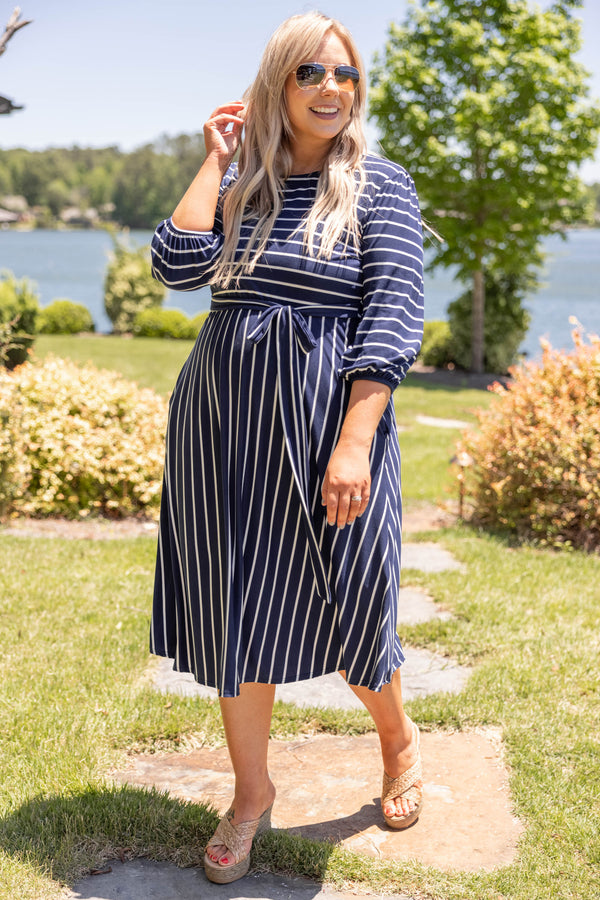 dresses, midi dress, navy, striped, three quarter sleeves