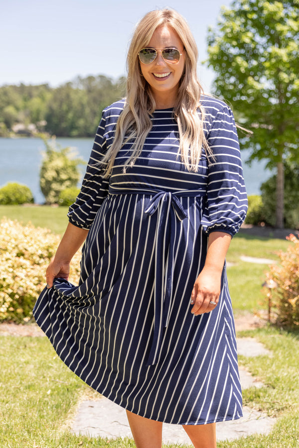 dresses, midi dress, navy, striped, three quarter sleeves 
